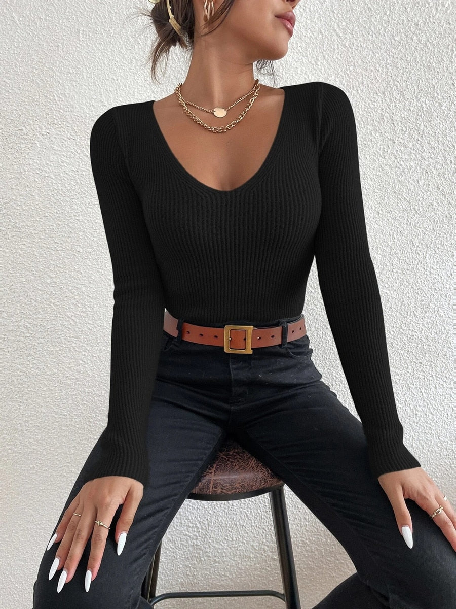 JuliaFashion-Casual Knit V-Neck Pullover Sweater Basic