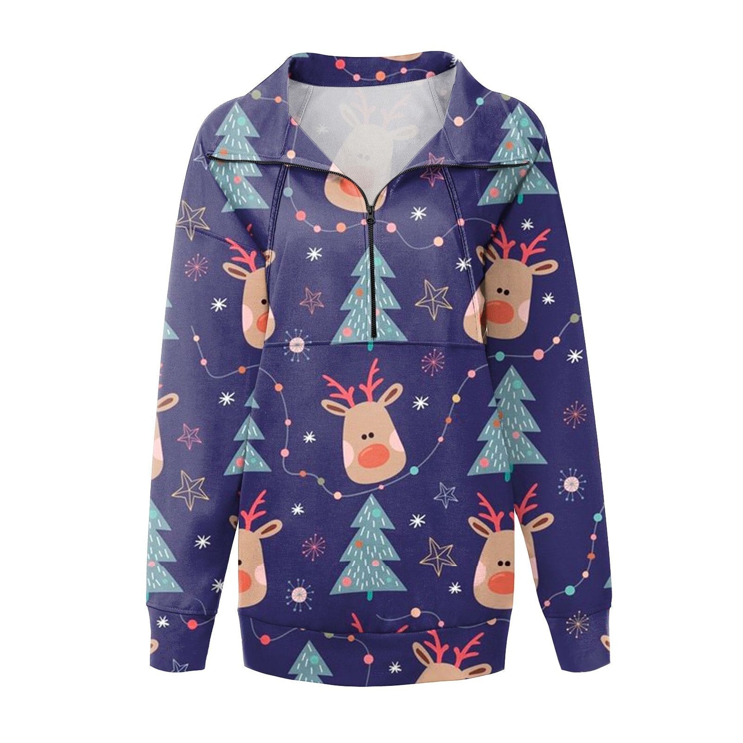 JuliaFashion - 2024 Women Christmas Casual Stand Collar Printed Long-Sleeves Zipper Coat