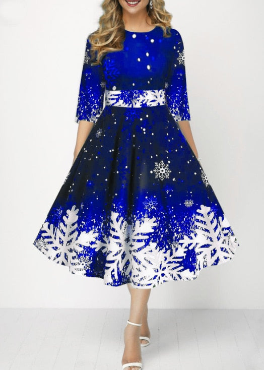 JuliaFashion-2024 Christmas Costume Party Dresses for Women Snowflake Printed Midi Party Dress