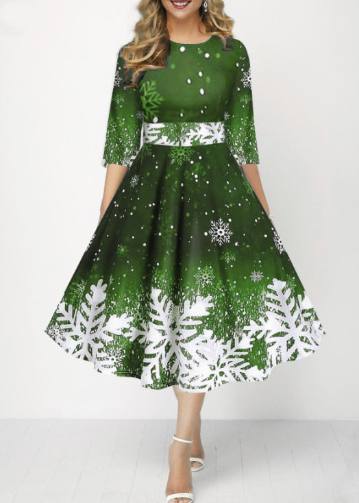 JuliaFashion-2024 Christmas Costume Party Dresses for Women Snowflake Printed Midi Party Dress