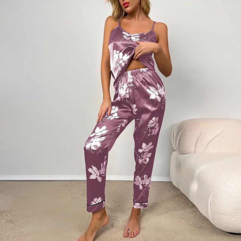 JuliaFashion-Floral Printed Sleeveless Tops With Long Pants Pajama Suit