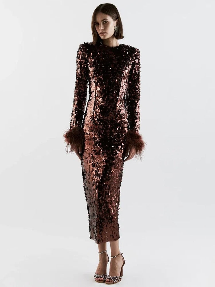 JuliaFashion-O-Neck Luxury Sequin Feather Bodycon Dress