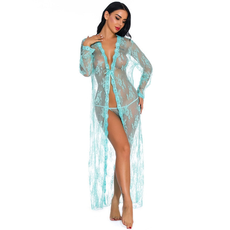 JuliaFashion-Lace Transparent Cardigan Nightclothes Beach Blouse Long Nightgown