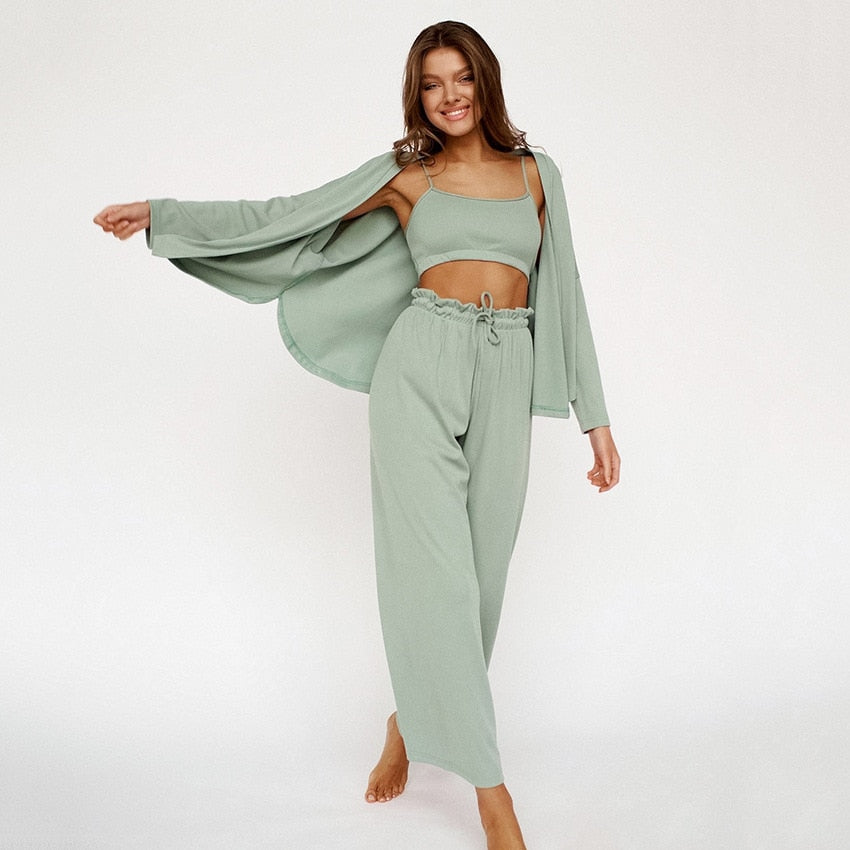 JuliaFashion-Knitted Casual Long Sleeve Pajama Set