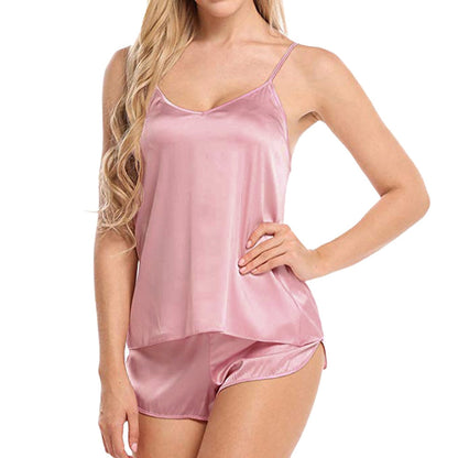 JuliaFashion-2 Pieces Silk Satin Cami Top and Shorts Pajama Set