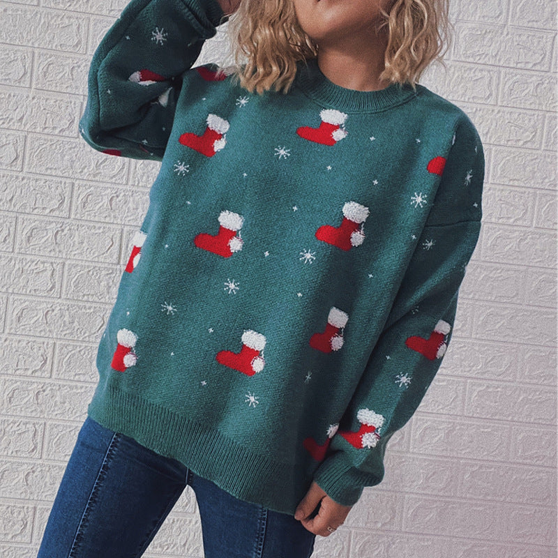 JuliaFashion-Y2K Long Sleeve Christmas Socks Printed Tops Loose Fit Casual Streetwear