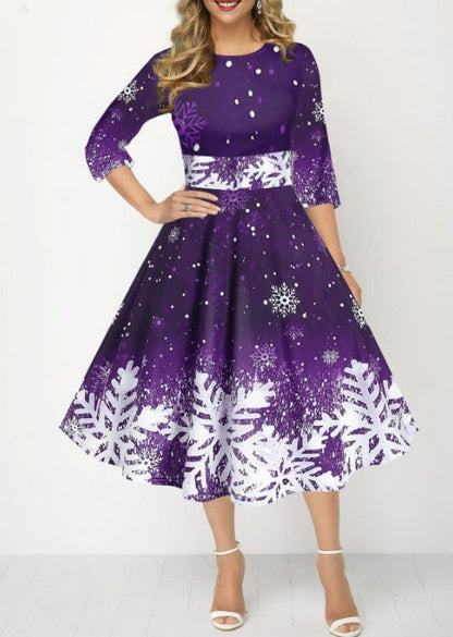 JuliaFashion-2024 Christmas Costume Party Dresses for Women Snowflake Printed Midi Party Dress