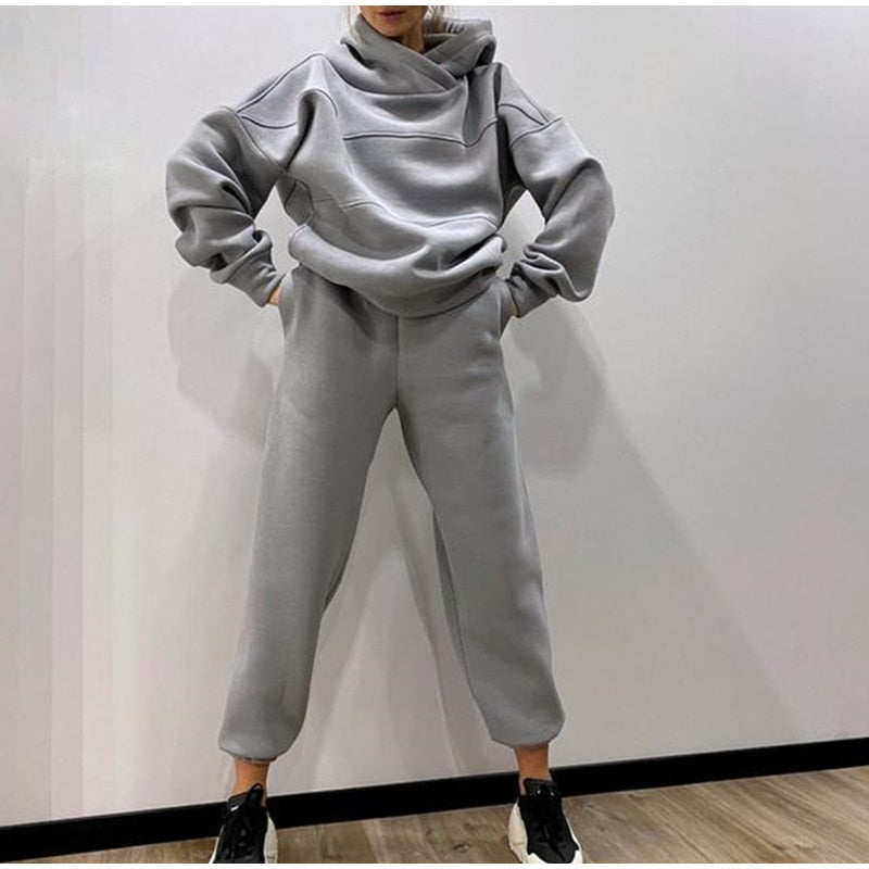 JuliaFashion-Hooded Top Elastic Waist Pant Lady 2 Piece Set