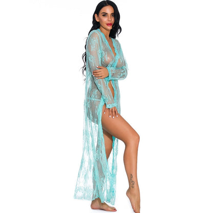 JuliaFashion-Lace Transparent Cardigan Nightclothes Beach Blouse Long Nightgown