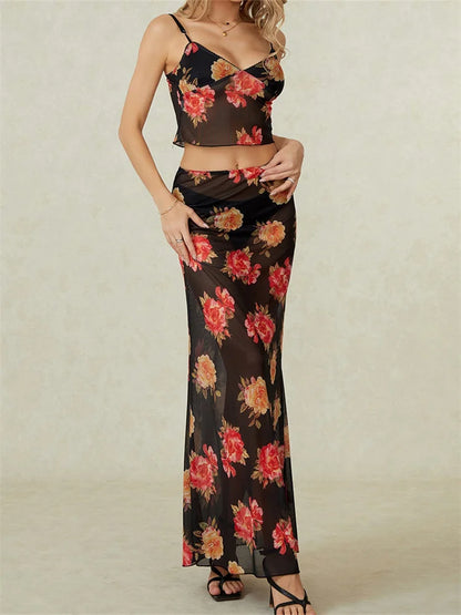 JuliaFashion - V-Neck Retro Floral Print Camis Skirt Suits