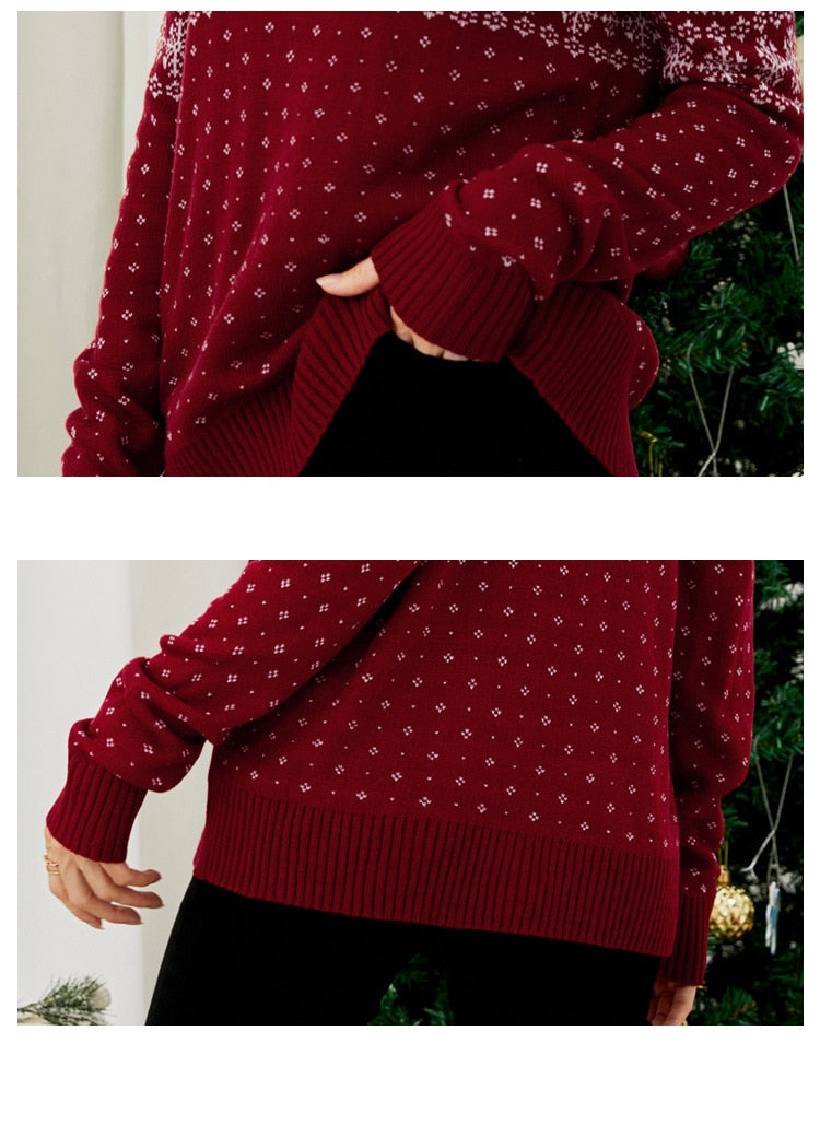 JuliaFashion - 2024 Women's Sweater Christmas Turtleneck Snowflakes Printing Loose Knitted Tops