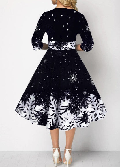 JuliaFashion-2024 Christmas Costume Party Dresses for Women Snowflake Printed Midi Party Dress