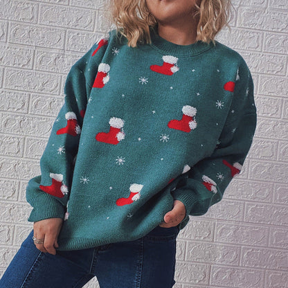 JuliaFashion-Y2K Long Sleeve Christmas Socks Printed Tops Loose Fit Casual Streetwear