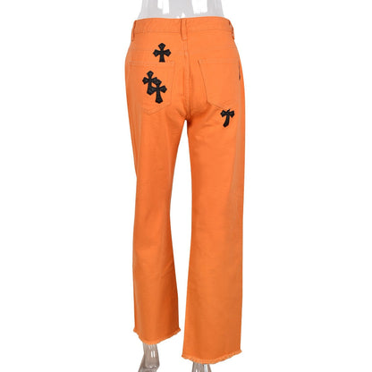 JuliaFashion - 2024 Sifreyr Cross Embroidery Orange Jeans Women Low Waist Straight Streetwear Casual Baggy Jeans