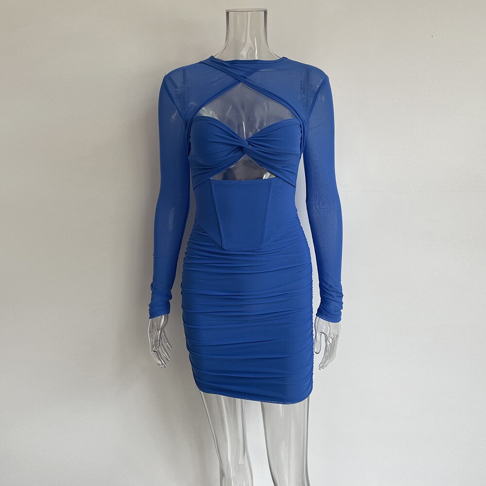 JuliaFashion - 2024 Twist Wrap Ruched Bodycon Through Mesh Dresses