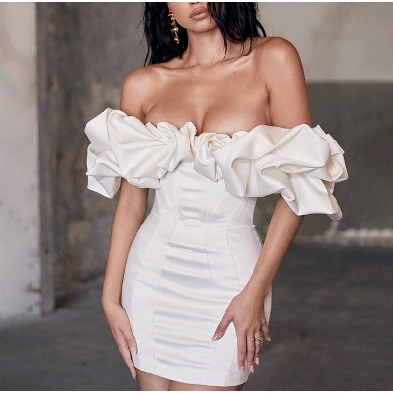 JuliaFashion - 2024  Solid Fishbone Off Shoulder Ruffled One-shoulder Mini Dress