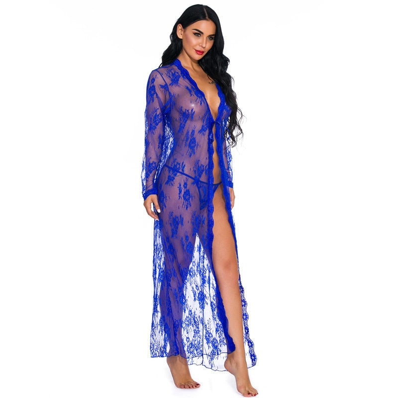 JuliaFashion-Lace Transparent Cardigan Nightclothes Beach Blouse Long Nightgown