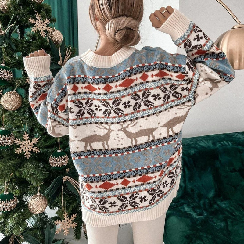 JuliaFashion-Casual O Neck Long Sleeve Pullover Women Christmas Printed Sweater