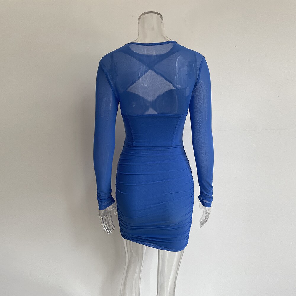 JuliaFashion - 2024 Twist Wrap Ruched Bodycon Through Mesh Dresses