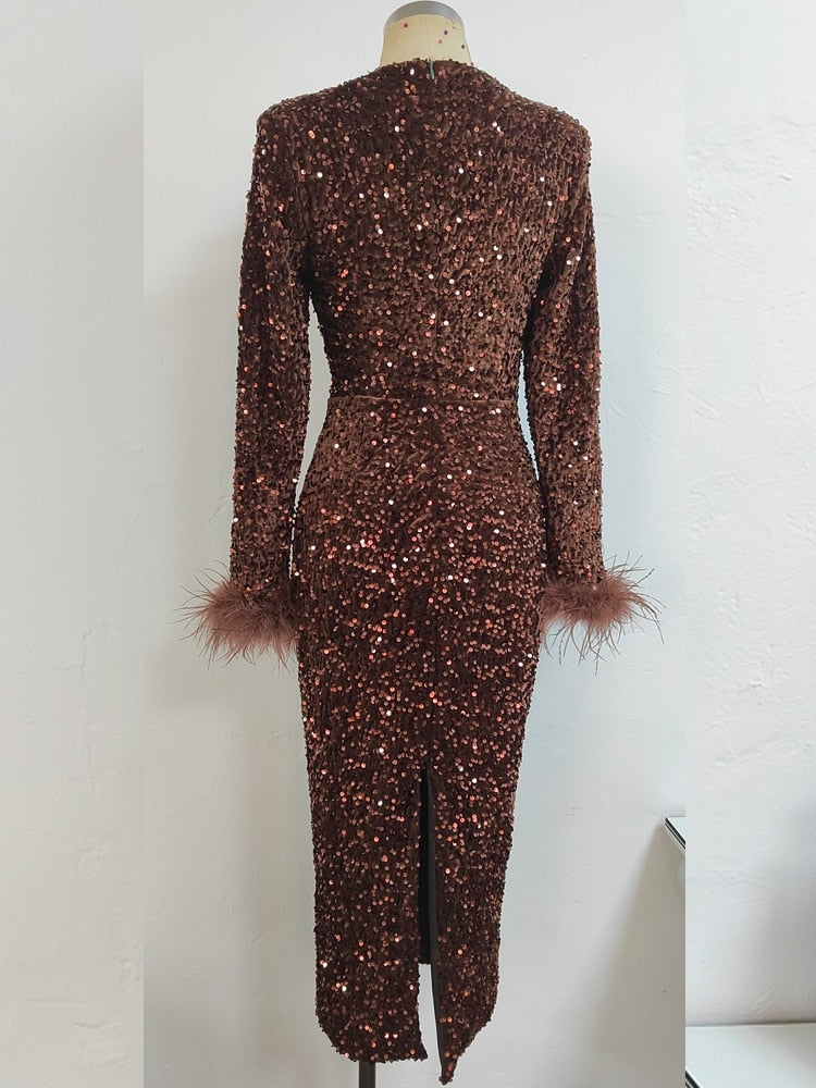 JuliaFashion-O-Neck Luxury Sequin Feather Bodycon Dress