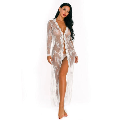 JuliaFashion-Lace Transparent Cardigan Nightclothes Beach Blouse Long Nightgown