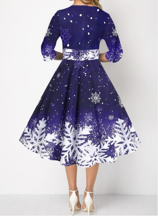 JuliaFashion-2024 Christmas Costume Party Dresses for Women Snowflake Printed Midi Party Dress