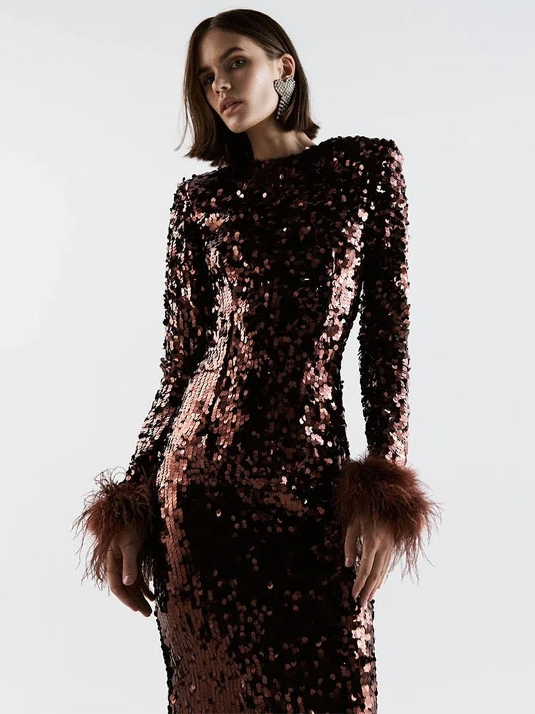 JuliaFashion-O-Neck Luxury Sequin Feather Bodycon Dress