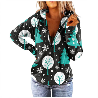 JuliaFashion - 2024 Women Christmas Casual Stand Collar Printed Long-Sleeves Zipper Coat