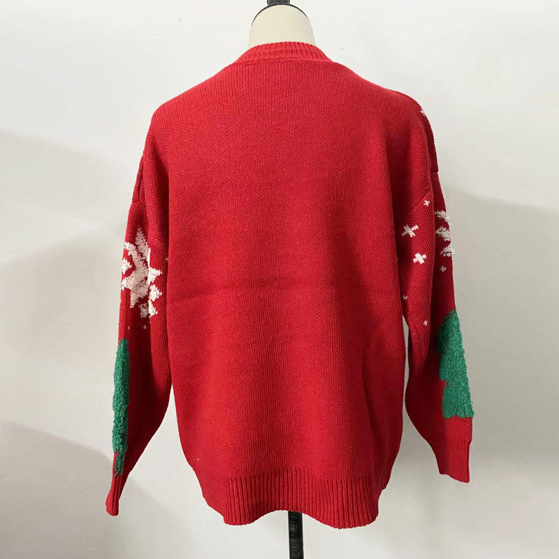 JuliaFashion-Christmas Tree Sweaters Long Sleeve Tree Snowflake Embroidery Loose Knit Pullovers