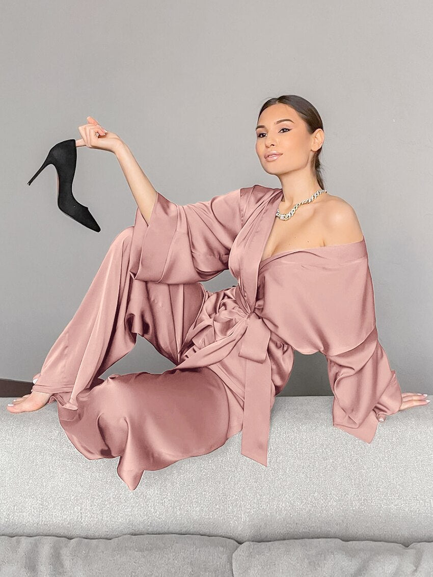 JuliaFashion - 2024 Solid Women's Pajamas Robes With Sashes 2 Piece Set