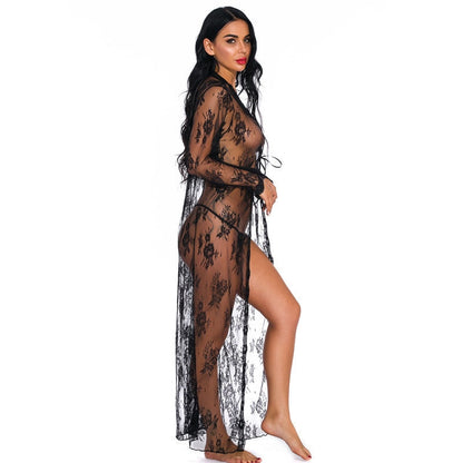 JuliaFashion-Lace Transparent Cardigan Nightclothes Beach Blouse Long Nightgown