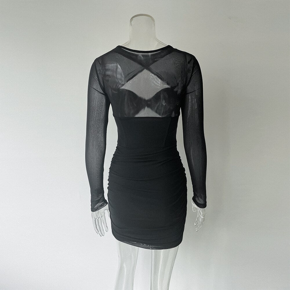 JuliaFashion - 2024 Twist Wrap Ruched Bodycon Through Mesh Dresses