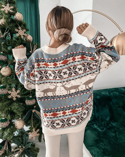 JuliaFashion - 2024 Women's Sweater Round Neck Loose Five-color Christmas Long Sleeve Sweater