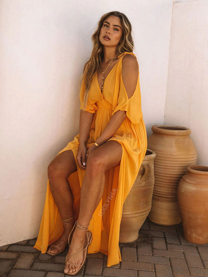 JuliaFashion - 2024 Summer Elegant Solid Color Beach Wear Maxi Dresses