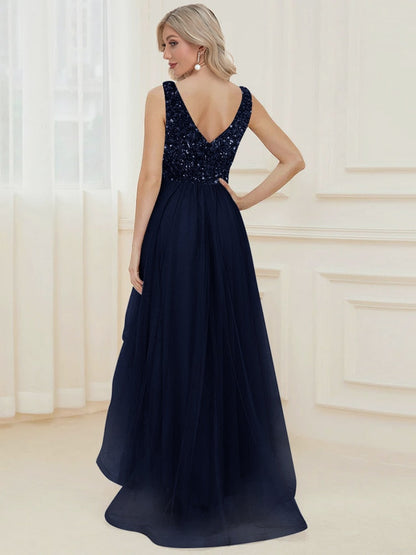 JuliaFashion - 2024 V-Neck Sleeveless Sequin Floor Length Dress