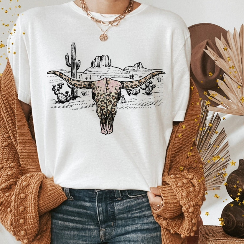 JuliaFashion - 2024 Western Shirts Boho Cow Skull Shirt with Leopard Print Short Sleeve