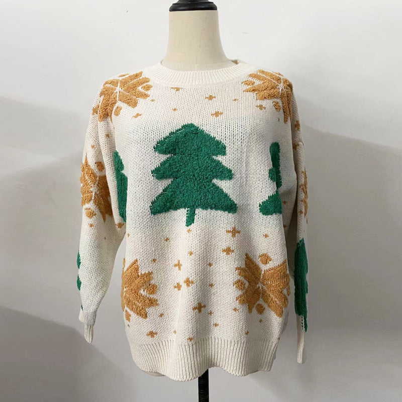 JuliaFashion-Christmas Tree Sweaters Long Sleeve Tree Snowflake Embroidery Loose Knit Pullovers