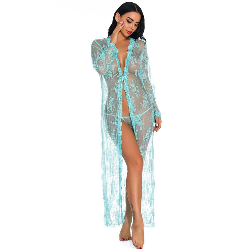 JuliaFashion-Lace Transparent Cardigan Nightclothes Beach Blouse Long Nightgown