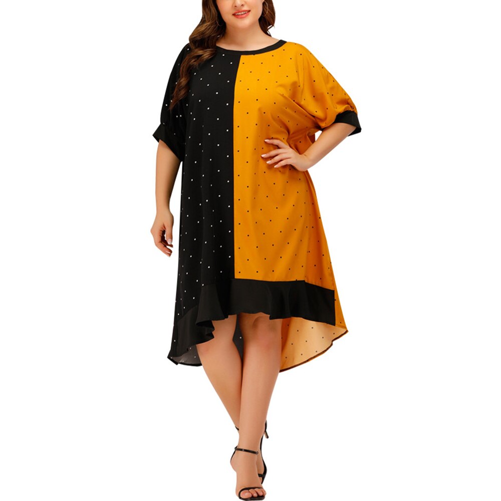 JuliaFashion-Contrast Color Round Neck Dot Ruffle Hem Dresses