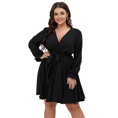 JuliaFashion-Lace-up Waist V-Neck Casual Flowy Chic Elegant Dress