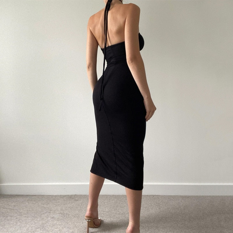 JuliaFashion - 2024 Ruched Bodycon Sexy Slit Tight Midi Dress