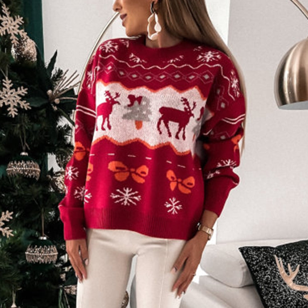 JuliaFashion-2024 Women Clothes Christmas Sweater O Neck Knitted Pullover