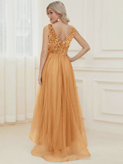 JuliaFashion - 2024 V-Neck Sleeveless Sequin Floor Length Dress