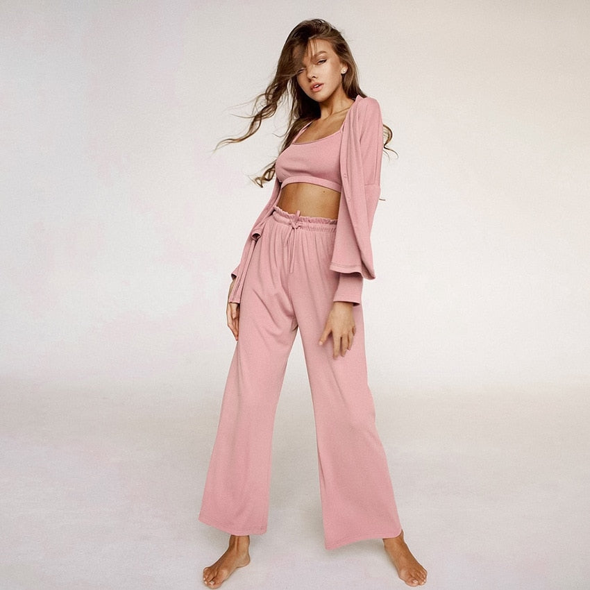 JuliaFashion-Knitted Casual Long Sleeve Pajama Set