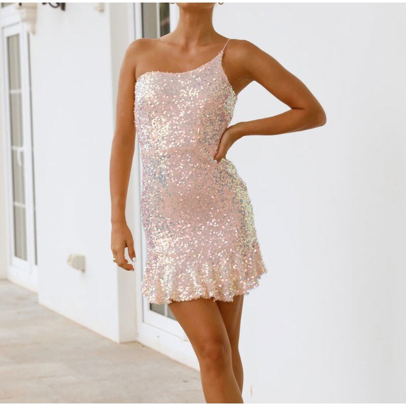 JuliaFashion - 2024  Solid Sequins Ruffles Backless Spaghetti Strap Dress