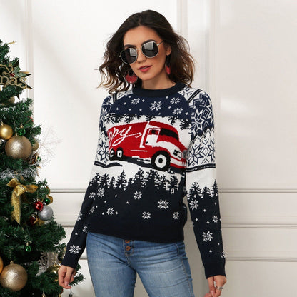 JuliaFashion-Christmas Women's Happy Car Pattern Crewneck Stripe Knit Loose Sweater