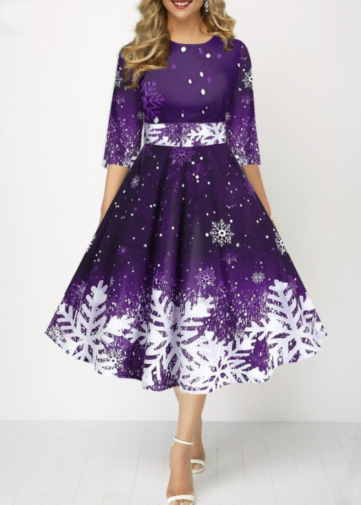 JuliaFashion-2024 Christmas Costume Party Dresses for Women Snowflake Printed Midi Party Dress