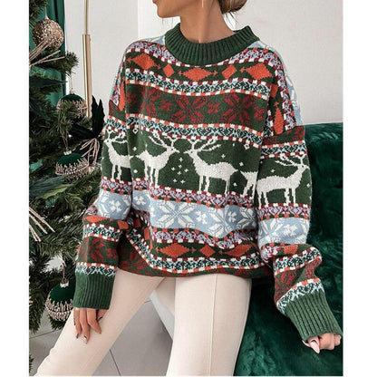 JuliaFashion - 2024 Women's Sweater Round Neck Loose Five-color Christmas Long Sleeve Sweater