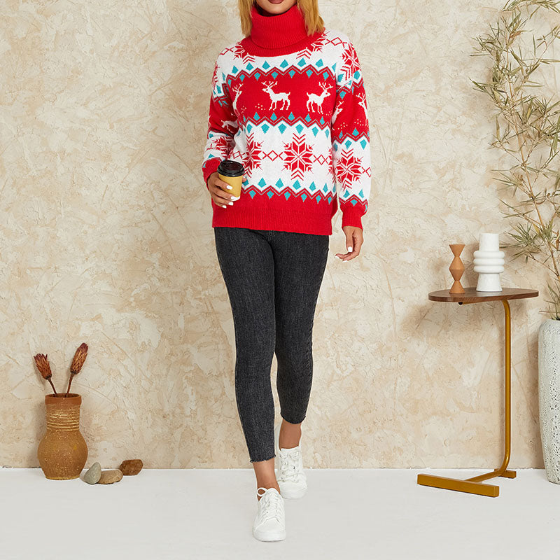 JuliaFashion-Christmas Women Sweater Long Sleeve Turtleneck Knitwear Loose Knitted Pullovers