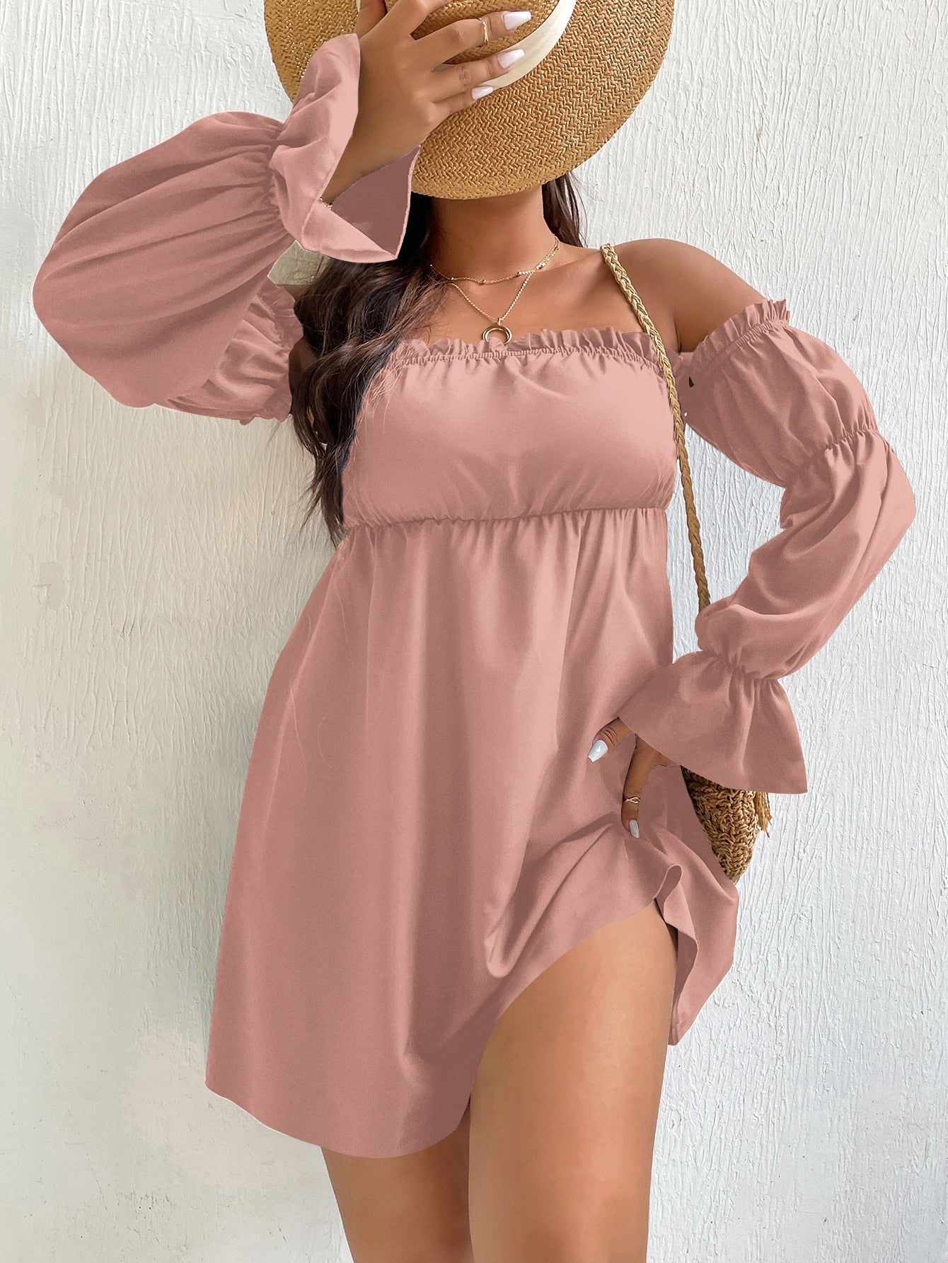 JuliaFashion-Pink Off Shoulder Elegant Tunic Dresses